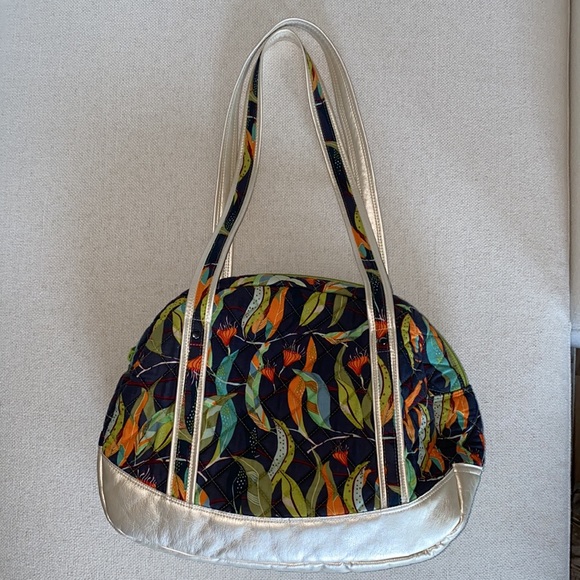 Handmade by Nancy O’Roarke Shoulder Handbag Purse Navy Colorful Leaf Gold Trim - Picture 10 of 11